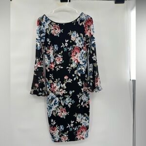 White House Black Market Floral Sheath Dress Vback Bell-sleeve Size S $120
